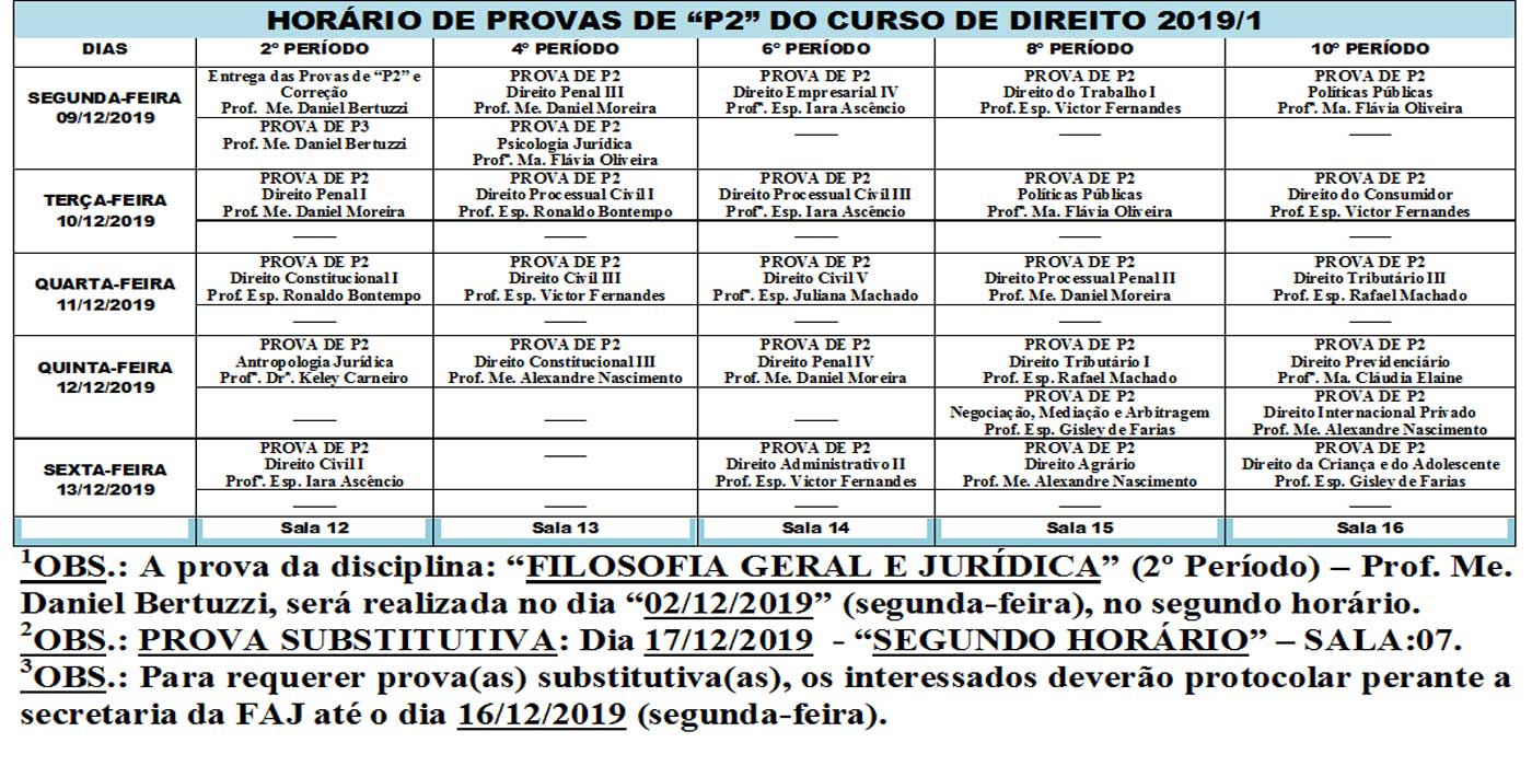 HORARIO PROVAS DIREITO 2019 2BIM 2 CERTO