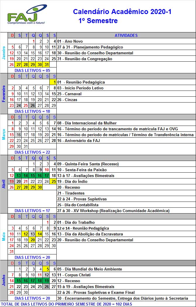 Calendário acadêmico 2020 
