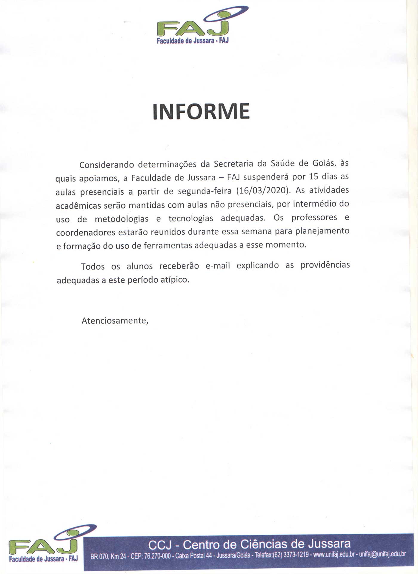 Aviso suspensão aulas 2020